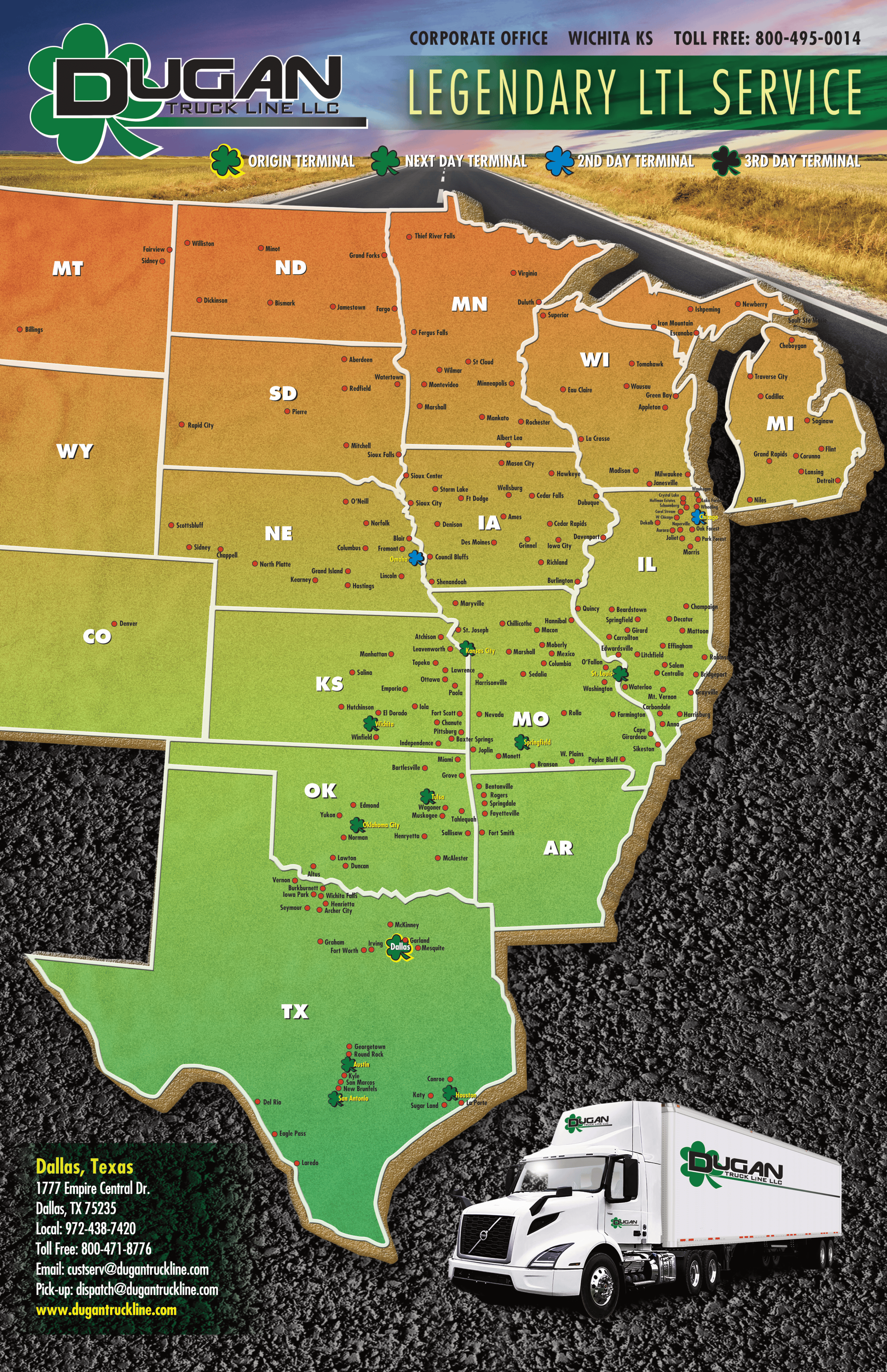 Dugan Maps Dallas - Dallas LTL Service Map - LTL Overnight Freight Shipping Services | Dugan Truck Line