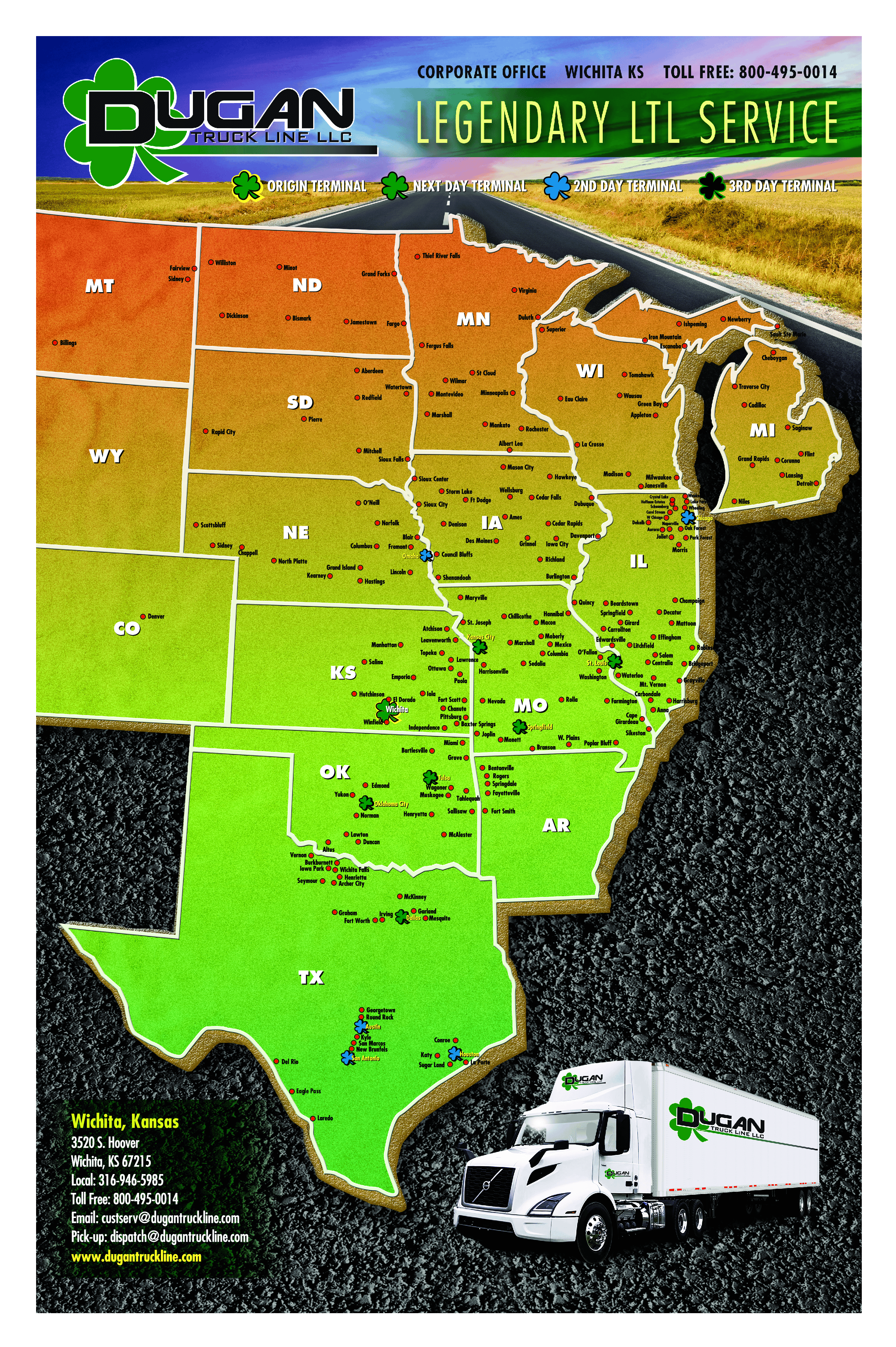 Dugan Maps Wichita - Wichita LTL Service Map - LTL Overnight Freight Shipping Services | Dugan Truck Line